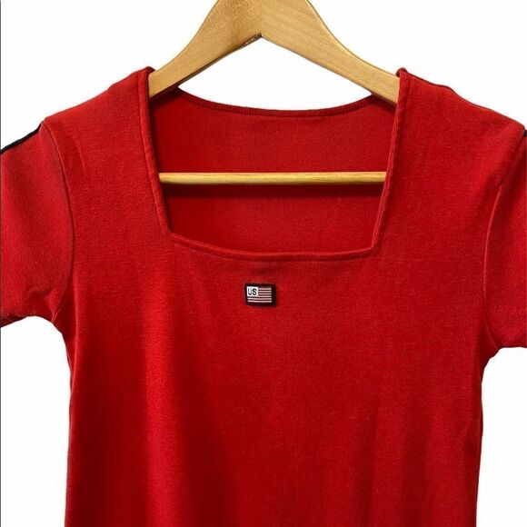 USA Red Cotton Cropped Stretch Square Neck Tee S - Picture 2 of 7